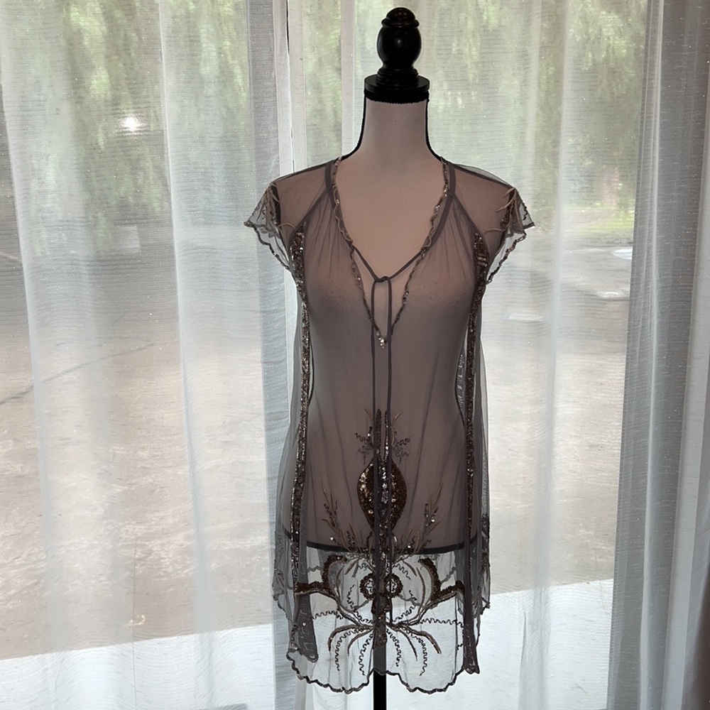 Free People Gray Silver Sheer Intricately Beaded Tunic